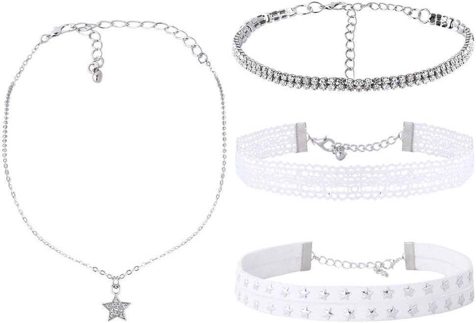 LADY M JEWELRY 4 Pieces White chocker star pu leather chocker rhinestone chocker Lace hollow chocker necklace for women and girls …