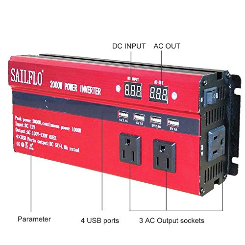 2000W Power Inverter 3 AC Outlets & 4 USB-Cigarette Lighter Adapter And Car Battery Clips- Cooling Fan,Low Battery Voltage Alarm