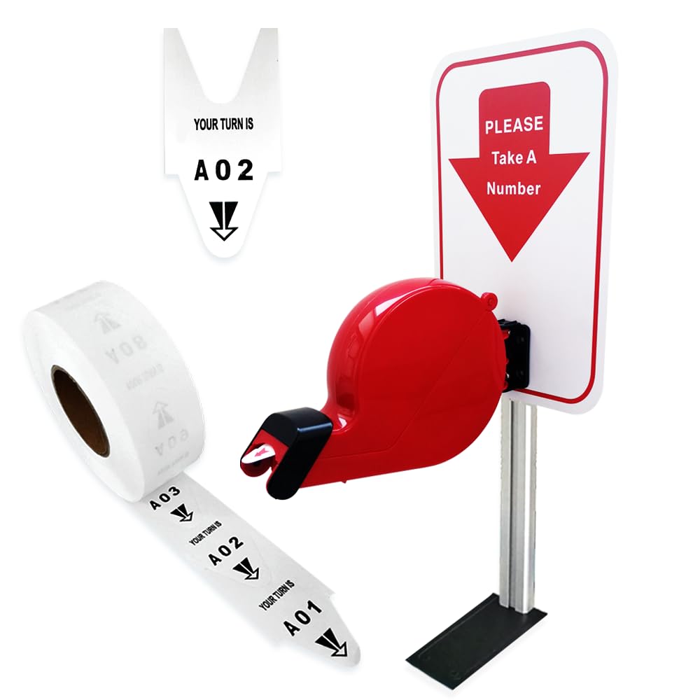 CYSSJF Take-A-Number Standing Ticket Dispenser (Red) + 1 Queue Ticket Roll (Alpha-Numeric:A00-E99) | Queue Management | for Waiting Area/Deli-Counter/Butchers/Supermarket/Clinic