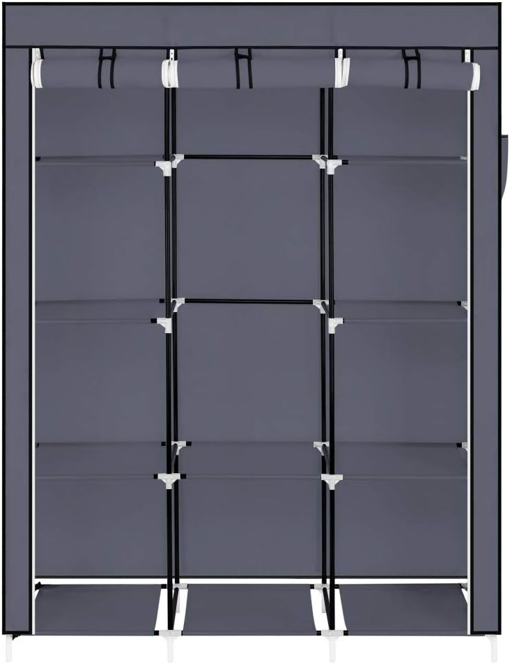 Canvas Wardrobe Closet Organizer Portable Wardrobe Cupboard Clothes Hanging Rail Storage Shelves with 10 Shelves Quick and Easy to Assemble, 127 x 44 x 170 cm