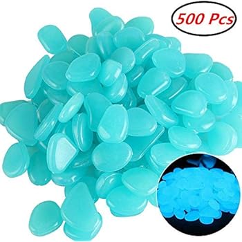 ASIBT 500 Pcs Glow in the Dark Stones,Garden Pebbles Rocks for Outdoor, Walkway, Window, Yard Grass, and Fish Tank Decoration（Blue）