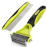 Pecute Dematting Comb Grooming Tool Kit for Dog & Cat Double Sided Blade Rake Comb with Grooming Brush