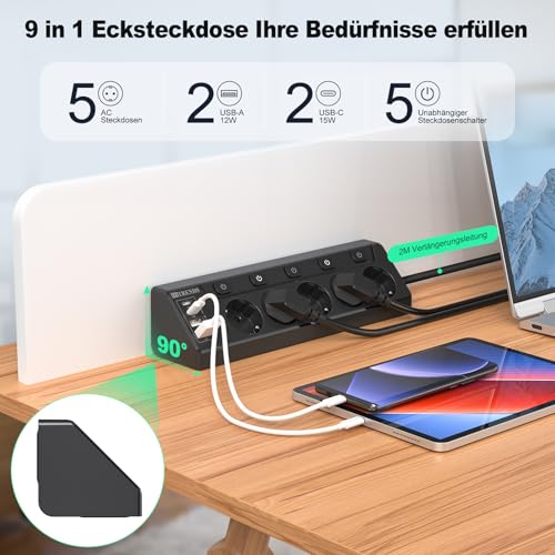 Ecksteckdose mit USB, 5 Fach Steckdosenleiste mit Schalter, Mehrfachsteckdose Steckerleiste mit 2 USB und 2 Type-C, 9 in 1 Überspannungsschutz mit 2M Kabel für Smartphones Tablets, Hause, Schwarz