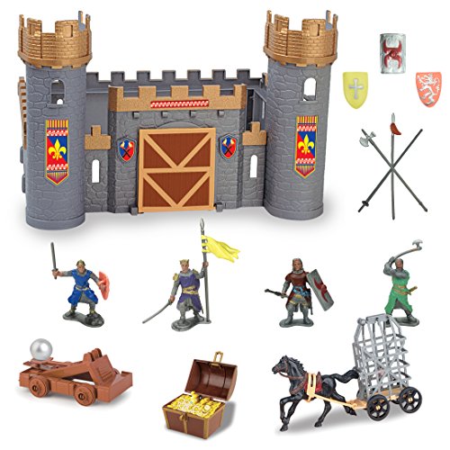 Medieval Castle Knights Action Figure Toy Army Playset with Weapons & Accessories in Storage Bucket