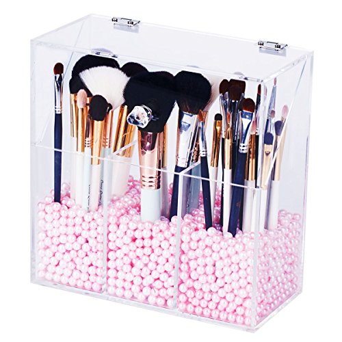 Newslly Clear Acrylic Makeup Organizer with 3 Brush Holder Compartment and Dustproof Lid, Cosmetic Brush Storage Box with Pink Pearls, for Bathroom Bedroom Vanity Countertop... (Best Makeup Brush Collection)