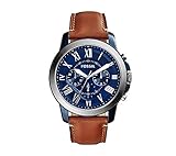 Fossil Men's 44mm Grant Blue and Silvertone Watch with Light Brown Strap