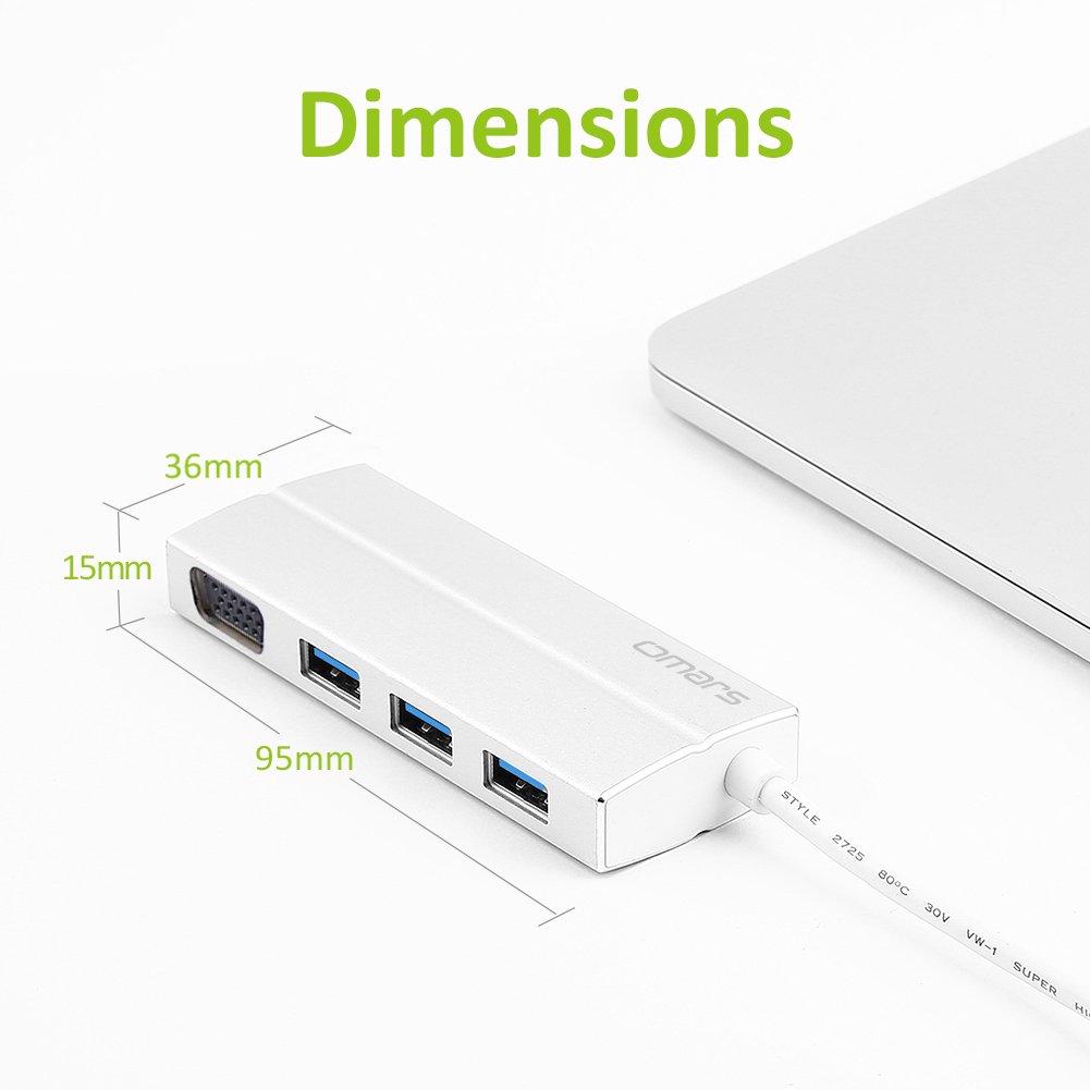 Omars USB C Hub VGA, 4-in-1 Aluminum 1080P VGA Adapter + 3 * USB 3.0 Ports for New Macbook, Macbook Pro 2016/2017, Google ChromeBook Pixel, Huawei Matebook and Other Type C Devices