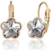 Austrian Crystal Flower Leverback Drop Earrings for Women 14K Rose Gold Plated Hypoallergenic Jewelry