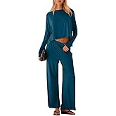 UNIANKIYA Womens 2 Piece Lounge Set Long Sleeve Oversized Crop Tops and Wide Leg Pants with Pocket Casual Pajama Matching Set