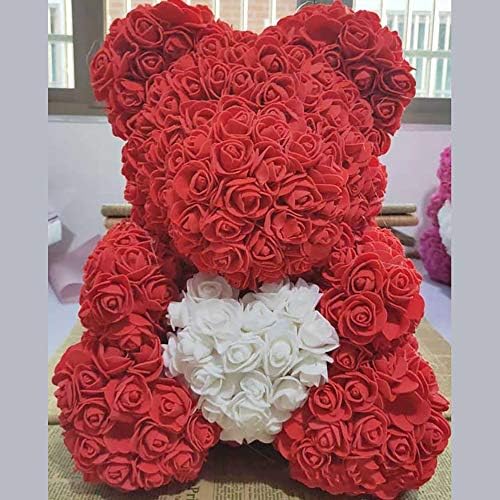 PROOY Rose bear standing hand holding heart artificial eternal flower rose bear, birthday holiday anniversary Valentine's Day fine gift,Red