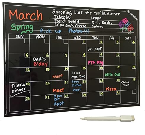 Magnetic Calendar - Smart Dry Erase Board For Your Refrigerator, Kitchen &amp; Office. Stylish Black Chalkboard Monthly Design Planner For All Your Kids Activities + 1 White Liquid Chalk Marker (16"x12")