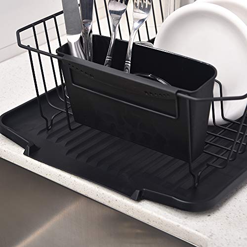 Black Kitchen Dish Drying Rack with Black Drain Board for Plates, Forks&Knife and Cups