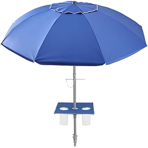 wikiwiki 7ft Beach Umbrella featuring a built-in table, UPF 50+ Protection Beach Umbrellas for Sand with Sand Anchor & Tilt,