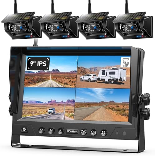 4 Wireless Solar Magnetic Reversing Cameras 9 Inch 1080P HD Monitor, 9600 mAh Battery, 1 Minute Installation, IP69K Waterproof, for Trailers, Motorhomes and Trucks | 9600mAh Akku, 1 Min Installation, IP69K Wasserdicht Rückfahrkamera Funk für Anhänger, Wohnmobile und LKWs