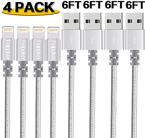 Lightning cable, FEIPUKER 4 PACK (6FT) Nylon Braided Charging Cable Cord Lightning to USB Cable Charger Compatible for IPhone 7/ 7 Plus/6/6s/6 plus/6s plus/ 5c/5s,iPod, iPad, and More (4 PACK Silver)
