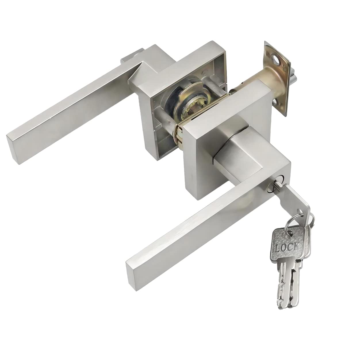 Qrity Door Lever Handle Lock, Interior Privacy Door Lock for Bedroom, Cloakroom, Stoarge Room and Office, Latch Size 60/70mm, Square, Silver