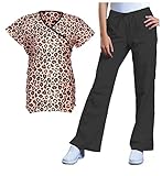 G Med Women's Mock Wrap Back Tie Printed Scrub Top and Pants Fashion Sets