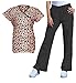 G Med Women's Mock Wrap Back Tie Printed Scrub Top and Pants Fashion Sets