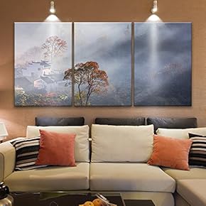 3 Panel Canvas Wall Art - Chinese Ancient Style Houses with White Wall and Black Tiles Among Mist in Mountains - Giclee Print Gallery Wrap Modern Home Art Ready to Hang - 16"x24" x 3 Panels