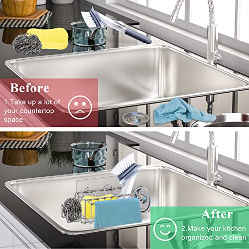 5-in-1 Sponge Holder for Kitchen Sink, GEEKBOY Adhesive Kitchen Sink Caddy Organizer, SUS304 Stainless Steel Rust Proof, No Drilling with 2 Strong Suction Cups