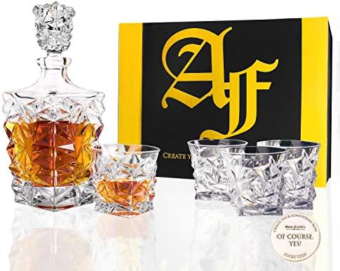 Whiskey Decanter Gift Set “Long Island” 5-Piece (1 Carafe + 4 Glasses) incl. Lucky Coin in Box. Premium 100% lead-free Crystal Glass for Liquor, Bourbon, Scotch. Dishwasher Safe – AdamFranklin1881