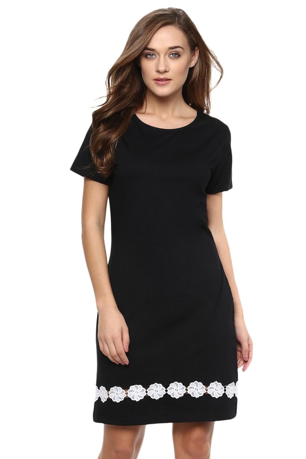 miss chase women's black solid half-sleeve round neck mini shift dresses