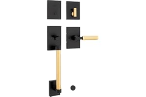 Kwikset Prava Front Door Lock Handle and Deadbolt Set, Entry Handleset Exterior with Interior Reversible Lever, Matte Black and Satin Brass, Pick Resistant SmartKey Deadbolt, with Microban Protection