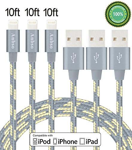Anbso 3Pack 10FT Ultra Long Nylon Braided Charging Cable USB Cord Charger Compatible with iPhone 7/ 7Plus/ SE/ 6s/ 6 /6 Plus/ 6s Plus/ 5s/ 5c/ 5/ iPad Air/ Mini/ iPod Nano/ Touch (gold gray )