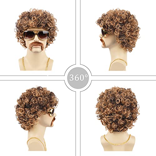 KEQISIQI Mens Wig 70s 80s Disco Costume Wig Set Afro Short Curly Brown with Blonde Synthetic Wig for Cosplay Party Halloween Fashion