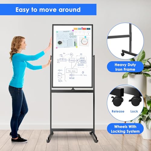 60x100Cm Magnetic Mobile White Board, Double Sided Dry Erase Board Rolling Whiteboard, Standing Whiteboard on Wheels for Home Office Classroom & Home, Black