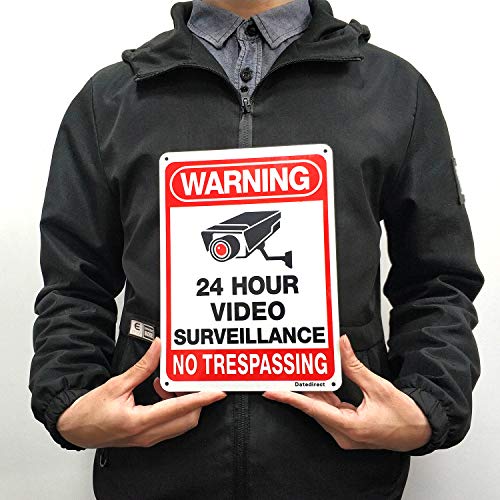 DateDirect 4-Pack Video Surveillance Sign，No Trespassing Metal Warning Aluminum Security Signs with 4 Stickers 10"x 7" 0.40 for Home Business CCTV Security Camera,UV Protected & Waterproof - Thumbnail 3