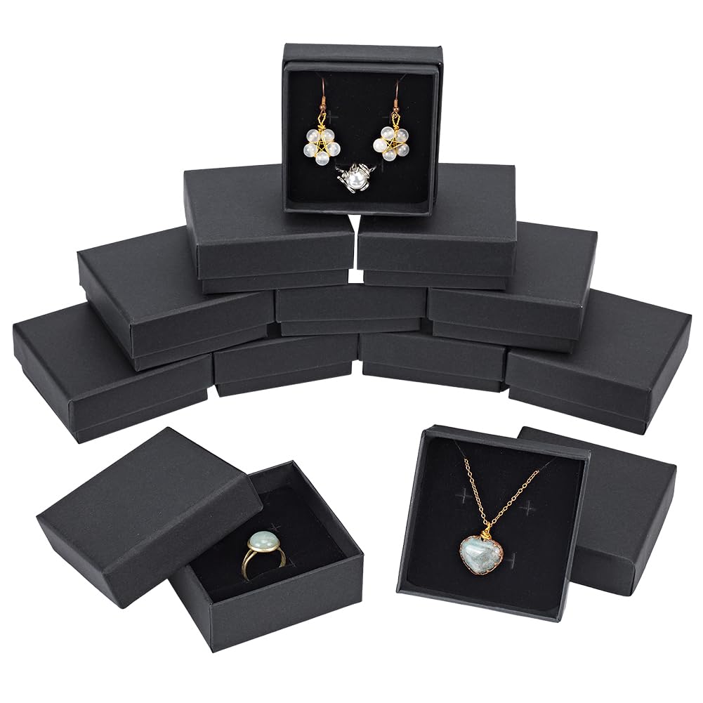 BENECREAT 12 Pack 7.3x7.3x3cm Black Necklace Ring Boxes Square Black Cardboard Jewellery Box Small Gift Box with Soft Velvet Lining for Party, Festivals, Wedding