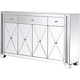 Pemberly Row Modern 4-Door 60" Mirrored Sideboard, Clear Crystal Border, MDF and Mirror Construction, Soft Close Drawers, Gla