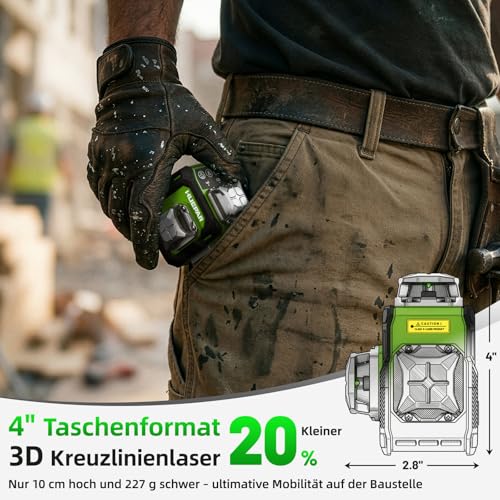 Huepar Kreuzlinienlaser 360 grün, Kompakt wiederaufladbar Laser Wasserwaage mit 152 cm Stativ, Professioneller 3D-Nivelliergerät mit starker Magnethalterung für Bauarbeiten ST03CG
