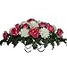 Sympathy Silks Artificial Cemetery Flowers Saddle-Arrangement - Pink Rose & White Mums Silk Fake Flowers for Outdoor Grave-Decorations - Non-Bleed Colors, Easy Fit