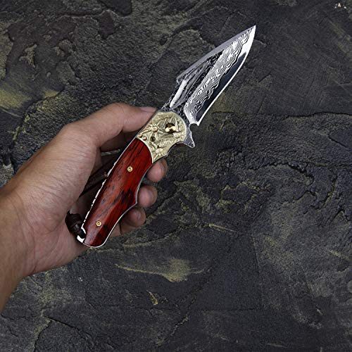 NEWOOTZ Handmade Damascus Folding Pocket Knife with Leather Sheath