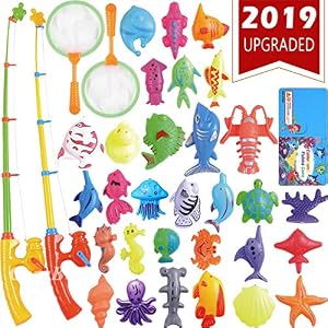Image of CozyBomB Magnetic Fishing Toys Game Set for Kids Bathtime Pool Party with Pole Rod Net, Plastic Floating Fish - Toddler Education Teaching and Learning of all Size Colors Ocean Sea Animals 3 year olds