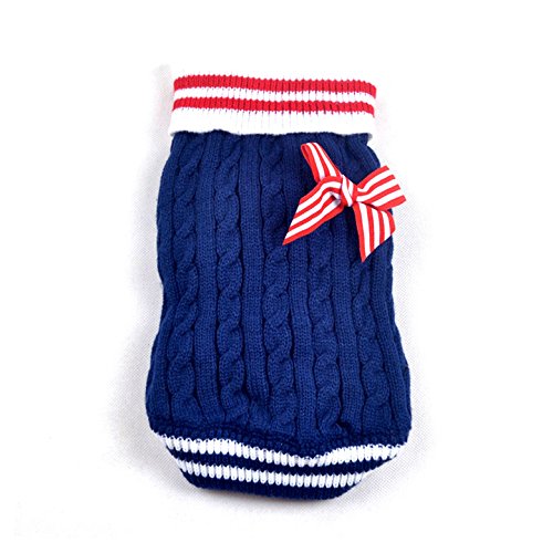 SMALLLEE_LUCKY_STORE Small Dog Sweater Navy Knitwear Cat Jumper Puppy Pet Clothes Bowknot Blue L