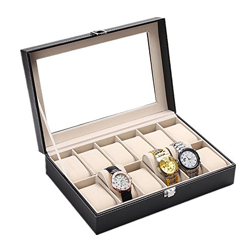 Watch Box Organizer Display PU Leather Storage Tray with Glass Lid for Men & Women (12 Slots)