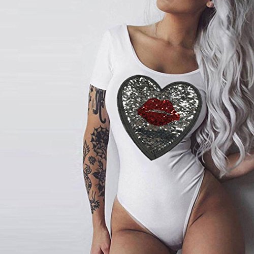 Women Jumpsuit , KESEE Letter Lips Sequins Double Pattern Rompers Jumpsuit Playsuit One Piece Swimsuit For Women (S, White)