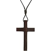 DIYFASH Men's Wooden Cross Necklace Real Handcrafted Ebony Wood Cross Pendants With Leather Necklaces Men's Black Cross Necklaces Christian Baptism Crucifix Pendant for Men