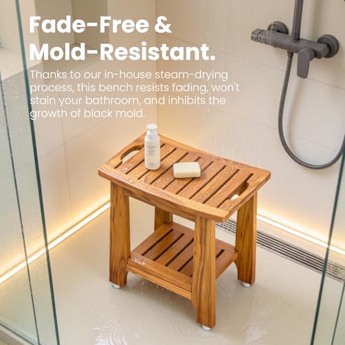 18" Standard Teak Shower Bench with Shelf & Handle - Waterproof, Non-Slip Bath Stool, 300 lbs Capacity - Fits Standard Tubs/Showers & Outdoor Use (Patented)