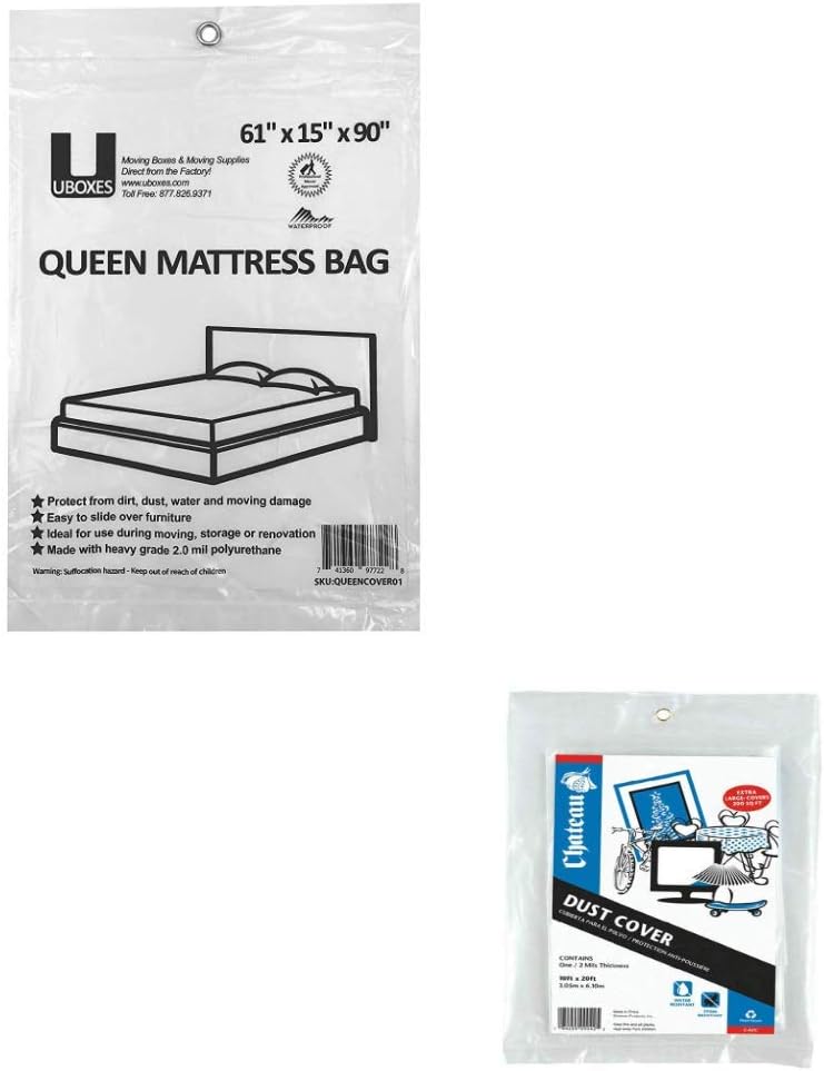 Uboxes Queen Mattress Poly Covers, 61 x 15 x 90 inch, Heavy Duty 2 mil, 1 Pack & Dust Furniture Cover Jumbo 10 FT x 20 Ft Bundle