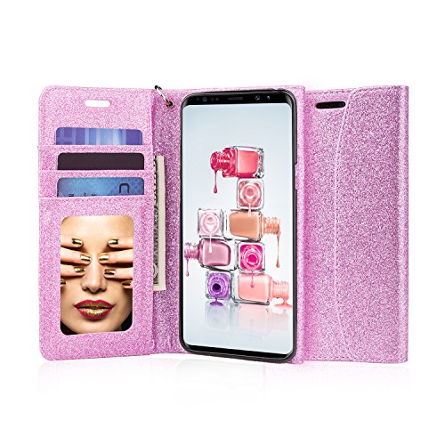 S9 Plus Case, J&D [Glittering] [Mirror Function] [RFID Blocking] Sparkling Heavy Duty Protective Shock Resistant Flip Cover Wallet Case with Card Slots and Makeup Mirror for Samsung Galaxy S9 Plus