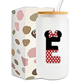Cute Cartoon Mouse Lover Gifts Initial A-Z Personalized Iced Coffee Cup Magic Mouse Stuff Wizard Gift 16oz Glass Cup with Lid and Straws Birthday Christmas Gifts for Women Teen Girls (Letter E)