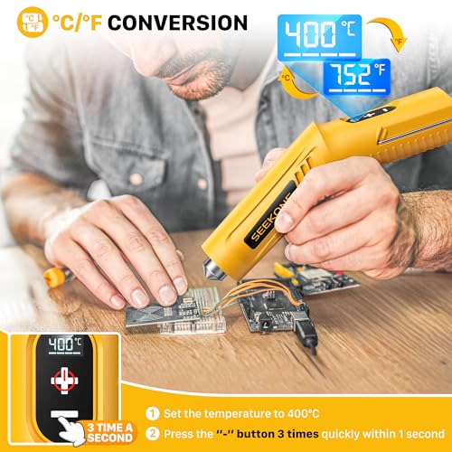 SEEKONE Mini Wireless Heat Gun, 4 Temperature (Max 400°C) with Memory Function, 3.6V Lithium Battery Hot Air Gun, USB Charging, with Reflector Nozzle, for Crafts