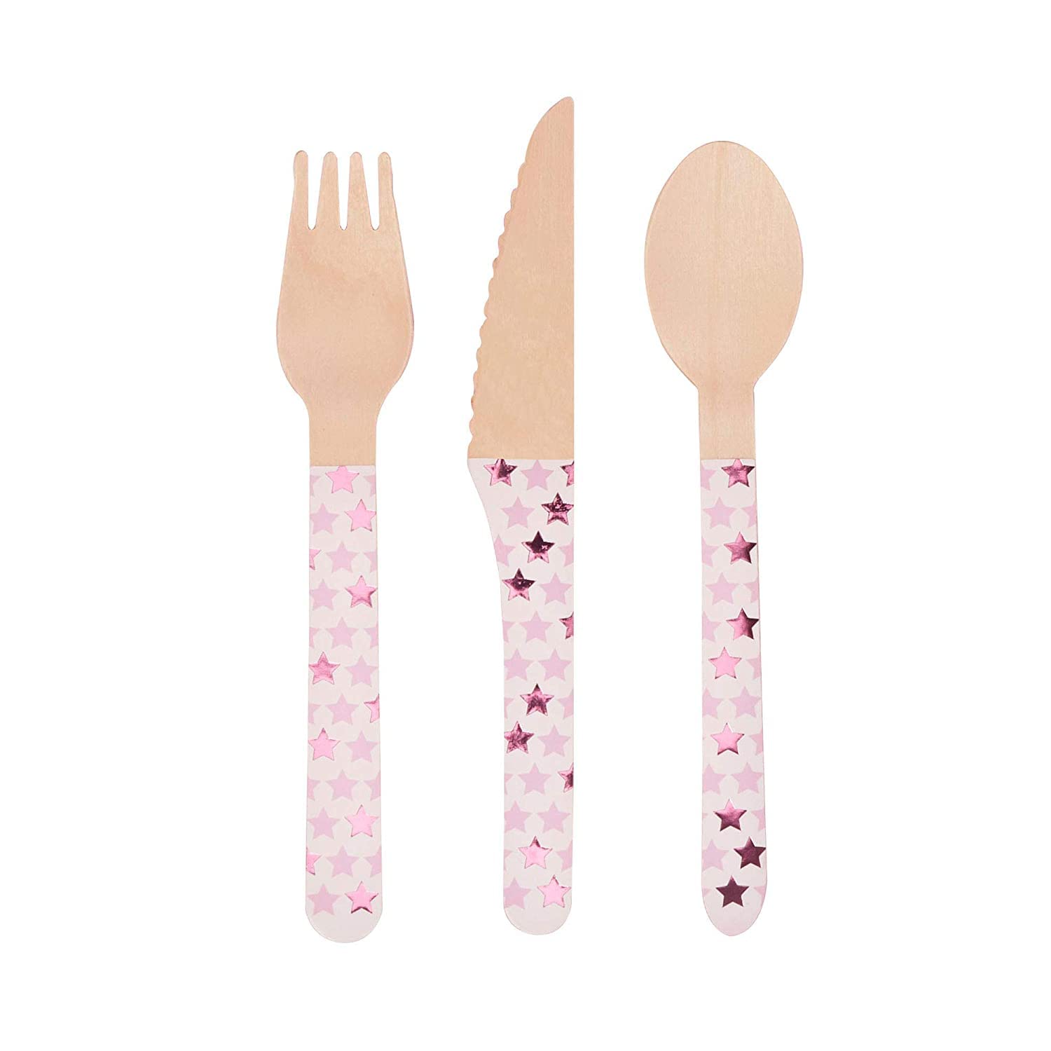 Neviti 775448 Little Star Pink Cutlery-24 Pack Wooden Cutlery, 16.4 x 2 x 0.3