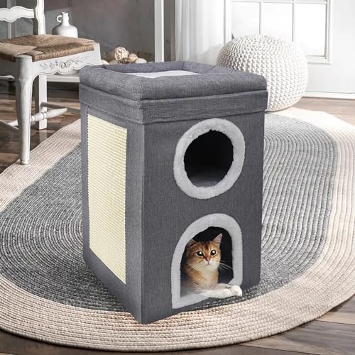 Nyganmelloz Foldable Cat House,2-Storey Indoor Large Cats Cave Kitten Beds Covered Bed Furniture Tree with Scratch Pad Hideaway Cave, Kitty Tunnel Sleeping Cute Modern Cat Condo Stool Play