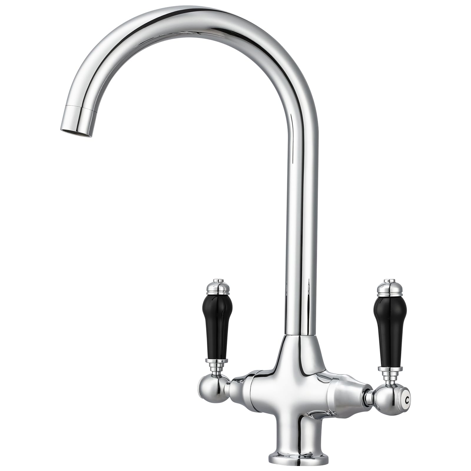 Kitchen Sink Tap Mixer with Black Dual Lever Traditional Mono Swan Neck Victorian Style Kitchen Mixer Faucet 360 Swivel Spout Brass Chrome Monobloc Rustic Bar Tap with Ceramic Twin Lever Country Style