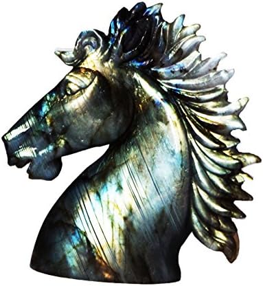 DiPingXian Jewelry Stone Carving Crafts 3.7 Inch Natural Labradorite Hand Carved Crystal Horse Head Animal,Agate Horse Head,Stone Horse Head,Horse Head Carving,Crystal Gemstone Healing Reiki
